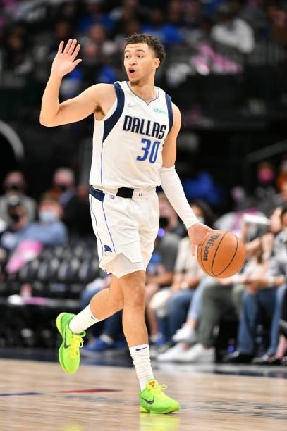 JaQuori McLaughlin of the Dallas Mavericks dribbles the ball during a preseason game against the Utah Jazz on October 6, 2021 at the American...