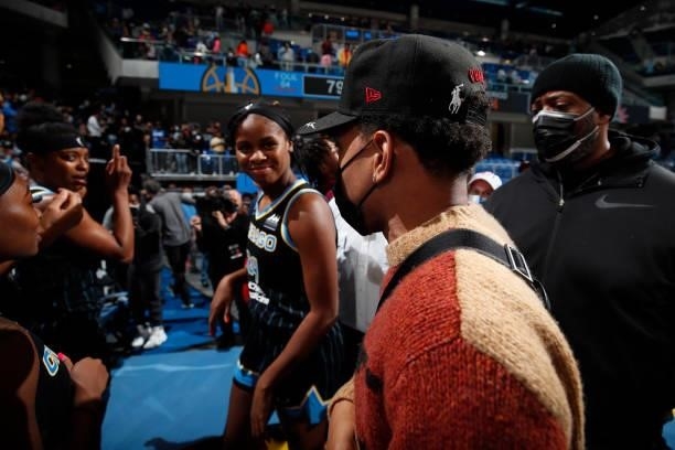 Artist, Chance the Rapper celebrates with Ruthy Hebard of the Chicago Sky after Game Four of the 2021 WNBA Semifinals on October 6, 2021 at the...