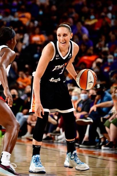 Diana Taurasi of the Phoenix Mercury dribbles the ball against the Las Vegas Aces during Game Four of the 2021 WNBA Semifinals on October 6, 2021 at...
