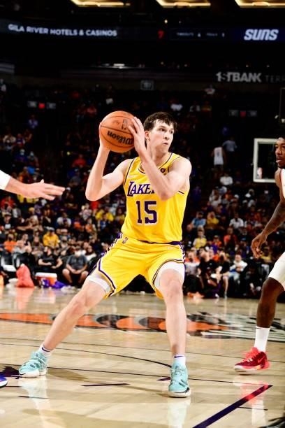Austin Reaves of the Los Angeles Lakers handles the ball during the game against the Phoenix Suns during a preseason game on October 6, 2021 at...