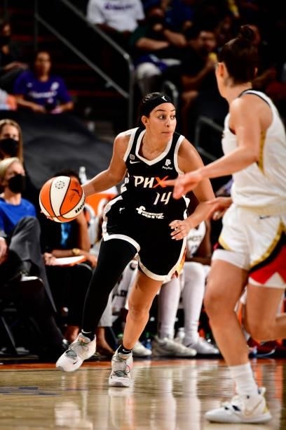 Bria Hartley of the Phoenix Mercury dribbles the ball against the Las Vegas Aces during Game Four of the 2021 WNBA Semifinals on October 6, 2021 at...