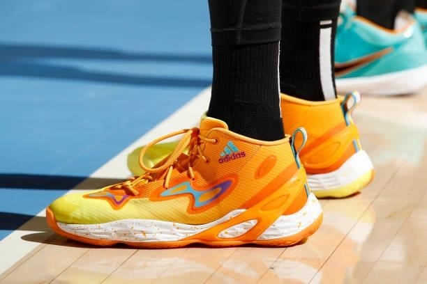 The Sneakers worn by Candace Parker of the Chicago Sky during Game Four of the 2021 WNBA Semifinals on October 6, 2021 at the Wintrust Arena in...