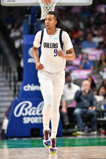 Moses Brown of the Dallas Mavericks runs down the court during a preseason game against the Utah Jazz on October 6, 2021 at the American Airlines...