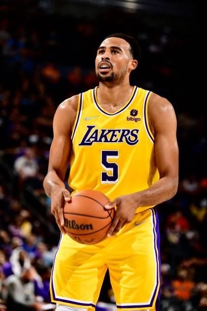 Talen Horton-Tucker of the Los Angeles Lakers shoots a free throw against the Phoenix Suns during a preseason game on October 6, 2021 at Footprint...