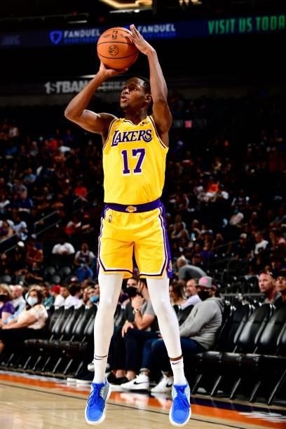 Joel Ayayi of the Los Angeles Lakers shoots the ball against the Phoenix Suns during a preseason game on October 6, 2021 at Footprint Center in...