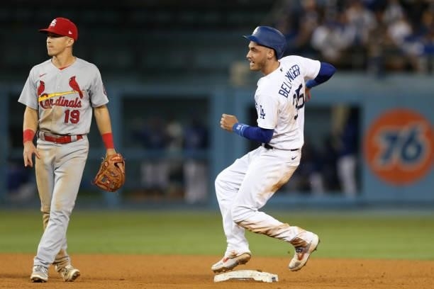 Cody Bellinger of the Los Angeles Dodgers steals second base in the bottom of the ninth inning during the game between the St. Louis Cardinals and...