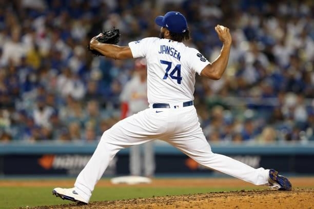 Kenley Jansen of the Los Angeles Dodgers pitches during the game between the St. Louis Cardinals and the Los Angeles Dodgers at Dodgers Stadium on...