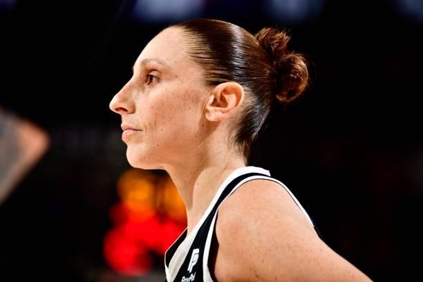 Diana Taurasi of the Phoenix Mercury looks on against the Las Vegas Aces during Game Four of the 2021 WNBA Semifinals on October 6, 2021 at Footprint...