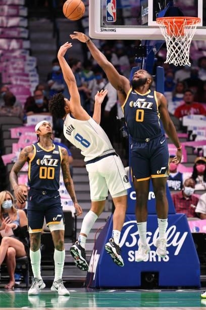 Eric Paschall of the Utah Jazz blocks a shot during a preseason game against the Dallas Mavericks on October 6, 2021 at the American Airlines Center...