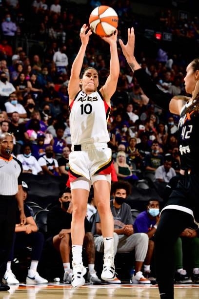 Kelsey Plum of the Las Vegas Aces shoots a three point basket against the Phoenix Mercury during Game Four of the 2021 WNBA Semifinals on October 6,...