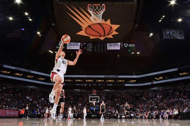 Kelsey Plum of the Las Vegas Aces drives to the basket against the Phoenix Mercury during Game Four of the 2021 WNBA Semifinals on October 6, 2021 at...