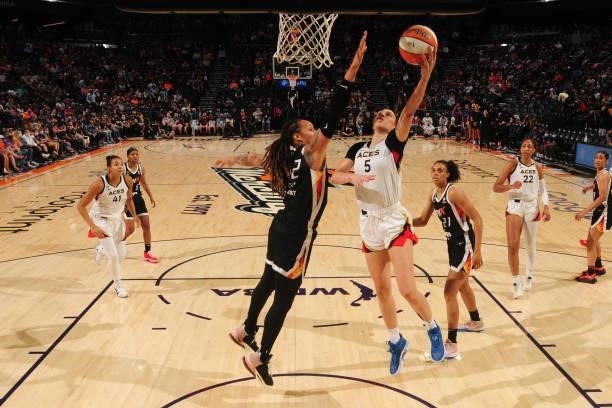 Dearica Hamby of the Las Vegas Aces drives to the basket against the Phoenix Mercury during Game Four of the 2021 WNBA Semifinals on October 6, 2021...