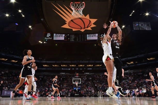 Brittney Griner of the Phoenix Mercury shoots the ball against the Las Vegas Aces during Game Four of the 2021 WNBA Semifinals on October 6, 2021 at...