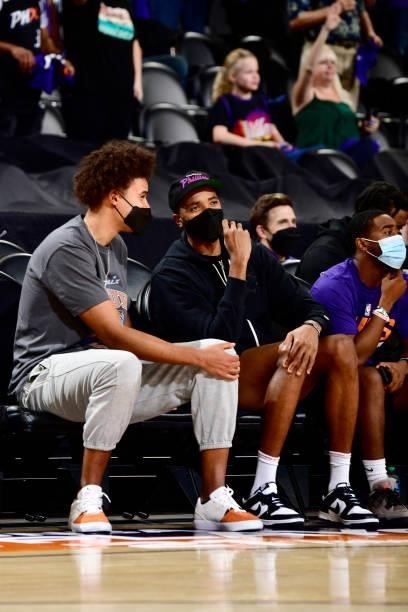 Cameron Johnson and Mikal Bridges of the Phoenix Suns attend Game Four of the 2021 WNBA Semifinals on October 6, 2021 at Footprint Center in Phoenix,...