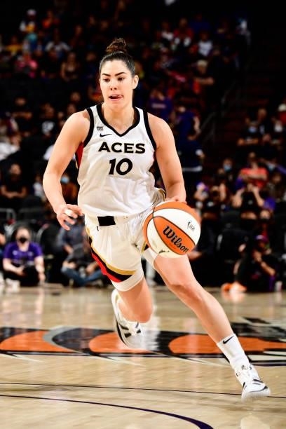 Kelsey Plum of the Las Vegas Aces drives to the basket against the Phoenix Mercury during Game Four of the 2021 WNBA Semifinals on October 6, 2021 at...