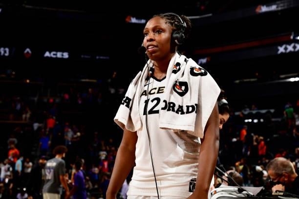 Chelsea Gray of the Las Vegas Aces is interview after winning Game Four of the 2021 WNBA Semifinals on October 6, 2021 at Footprint Center in...