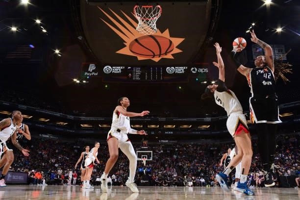 Brittney Griner of the Phoenix Mercury shoots the ball against the Las Vegas Aces during Game Four of the 2021 WNBA Semifinals on October 6, 2021 at...
