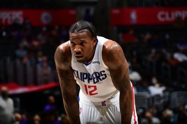Eric Bledsoe of the LA Clippers looks on during the game against the Sacramento Kings during a preseason game on October 6, 2021 at STAPLES Center in...