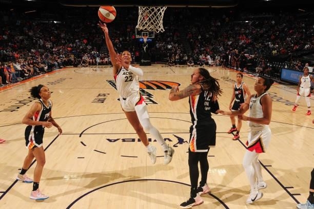 Ja Wilson of the Las Vegas Aces drives to the basket against the Phoenix Mercury during Game Four of the 2021 WNBA Semifinals on October 6, 2021 at...