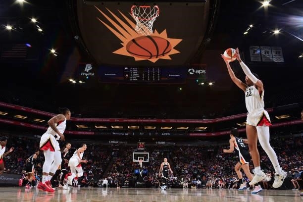 Ja Wilson of the Las Vegas Aces catches the rebound against the Phoenix Mercury during Game Four of the 2021 WNBA Semifinals on October 6, 2021 at...