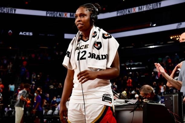 Chelsea Gray of the Las Vegas Aces is interview after winning Game Four of the 2021 WNBA Semifinals on October 6, 2021 at Footprint Center in...