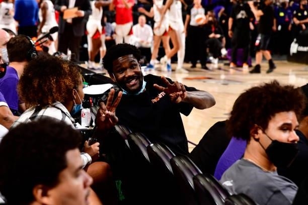 Deandre Ayton of the Phoenix Suns attends Game Four of the 2021 WNBA Semifinals on October 6, 2021 at Footprint Center in Phoenix, Arizona. NOTE TO...