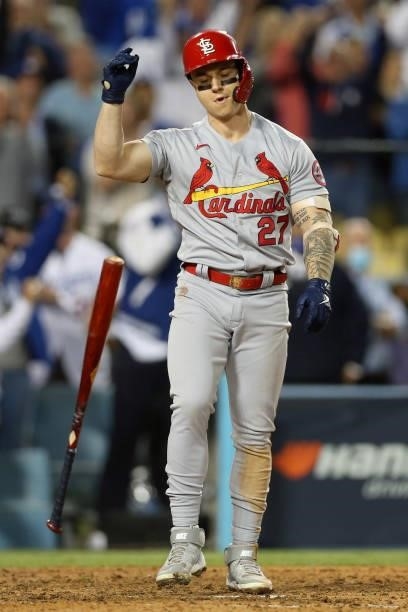 Tyler O'Neill of the St. Louis Cardinals reacts after striking out in the top of the ninth inning during the game between the St. Louis Cardinals and...