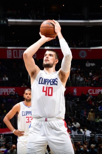 Ivica Zubac of the LA Clippers shoots the ball against the Sacramento Kings during a preseason game on October 6, 2021 at STAPLES Center in Los...