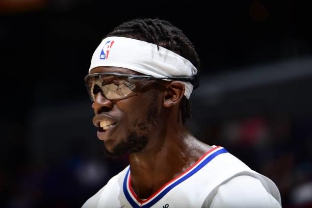 Reggie Jackson of the LA Clippers looks on during the game against the Sacramento Kings during a preseason game on October 6, 2021 at STAPLES Center...