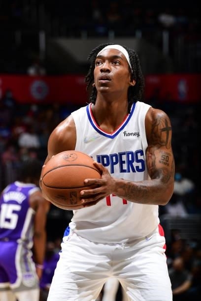 Terance Mann of the LA Clippers shoots the ball against the Sacramento Kings during a preseason game on October 6, 2021 at STAPLES Center in Los...