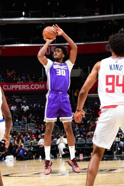 Damian Jones of the Sacramento Kings shoots the ball against the LA Clippers during a preseason game on October 6, 2021 at STAPLES Center in Los...
