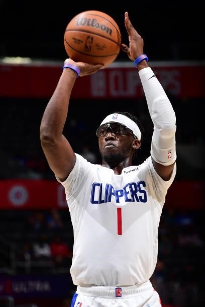 Reggie Jackson of the LA Clippers shoots the ball against the Sacramento Kings during a preseason game on October 6, 2021 at STAPLES Center in Los...