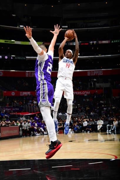 Terance Mann of the LA Clippers shoots the ball against the Sacramento Kings during a preseason game on October 6, 2021 at STAPLES Center in Los...