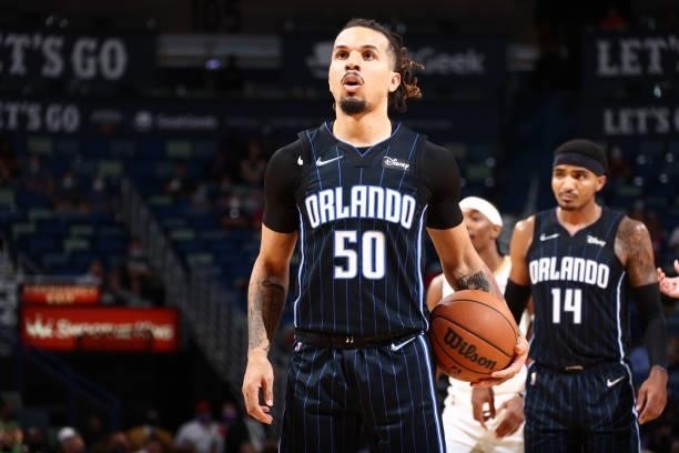 Cole Anthony of the Orlando Magic looks on during the game against the New Orleans Pelicans during a preseason game on October 6, 2021 at the...