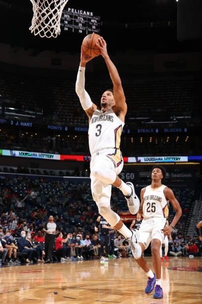 Josh Hart of the New Orleans Pelicans dunks the ball against the Orlando Magic during a preseason game on October 6, 2021 at the Smoothie King Center...
