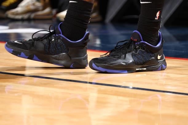 The sneakers worn by Gary Harris of the Orlando Magic during the game against the New Orleans Pelicans during a preseason game on October 6, 2021 at...
