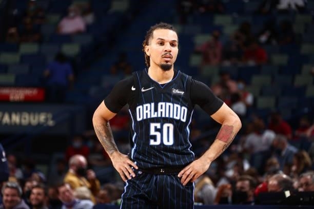 Cole Anthony of the Orlando Magic looks on during the game against the New Orleans Pelicans during a preseason game on October 6, 2021 at the...