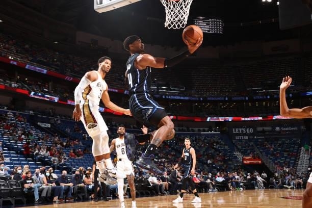Gary Harris of the Orlando Magic shoots the ball against the New Orleans Pelicans during a preseason game on October 6, 2021 at the Smoothie King...