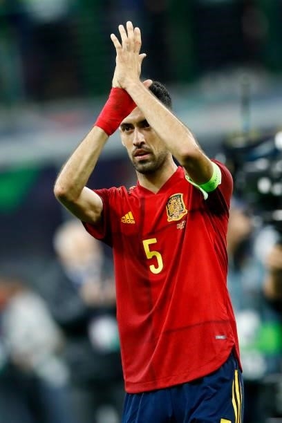 Sergio Busquets of Spain celebrates after winning the UEFA Nations League Semi-Final match between the Italy and Spain at San Siro Stadium on October...
