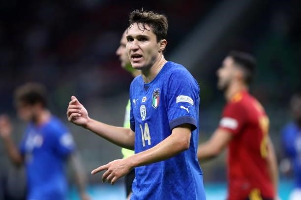 Federico Chiesa of Italy looks on during the UEFA Nations League Semi-Final match between the Italy and Spain at San Siro Stadium on October 6, 2021...