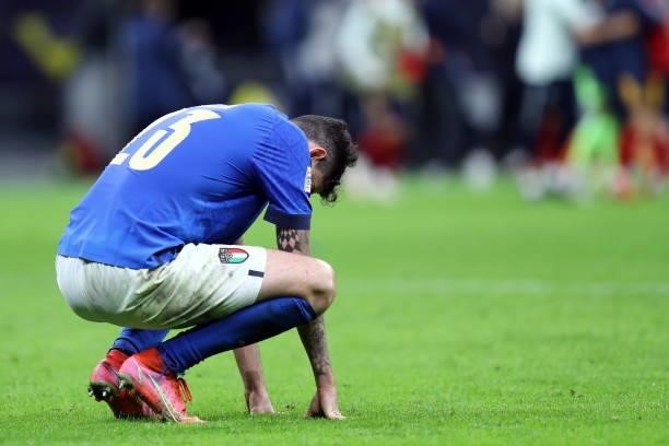 Alessandro Bastoni of Spain looks dejected during the UEFA Nations League Semi-Final match between the Italy and Spain at San Siro Stadium on October...