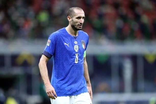 Giorgio Chiellini of Italy looks on during the UEFA Nations League Semi-Final match between the Italy and Spain at San Siro Stadium on October 6,...