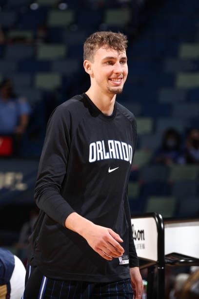Franz Wagner of the Orlando Magic smiles before the game against the New Orleans Pelicans during a preseason game on October 6, 2021 at the Smoothie...