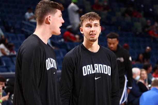 Franz Wagner of the Orlando Magic talks with a teammate before the game against the New Orleans Pelicans during a preseason game on October 6, 2021...