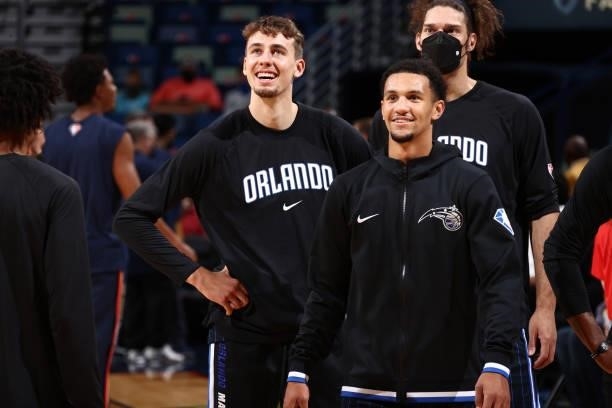 Franz Wagner and Jalen Suggs of the Orlando Magic smile before the game against the New Orleans Pelicans during a preseason game on October 6, 2021...