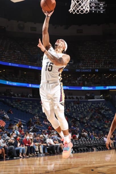 Jose Alvarado of the New Orleans Pelicans shoots the ball against the Orlando Magic during a preseason game on October 6, 2021 at the Smoothie King...