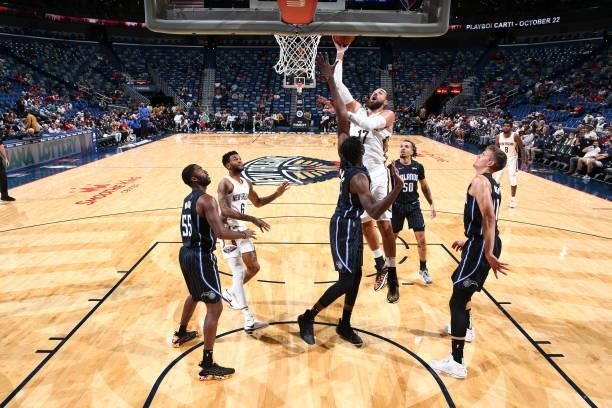 Jonas Valanciunas of the New Orleans Pelicans shoots the ball against the Orlando Magic during a preseason game on October 6, 2021 at the Smoothie...