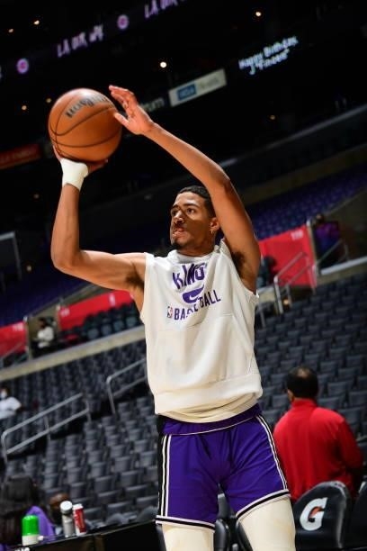 Tyrese Haliburton of the Sacramento Kings warms up before the game against the LA Clippers during a preseason game on October 6, 2021 at STAPLES...