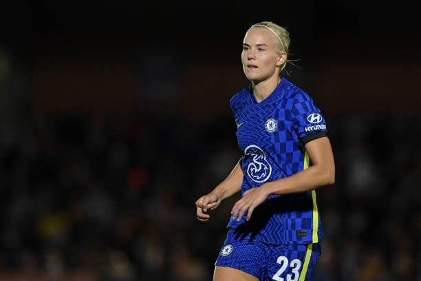 Pernille Harder of Chelsea looks on during the UEFA Women's Champions League group A match between Chelsea FC Women and VfL Wolfsburg at Kingsmeadow...