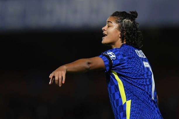 Jessica Carter of Chelsea gestures during the UEFA Women's Champions League group A match between Chelsea FC Women and VfL Wolfsburg at Kingsmeadow...